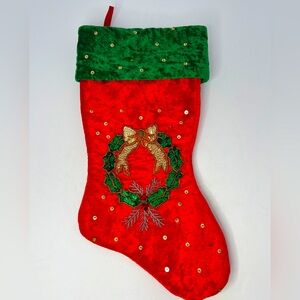Vintage Red & Green Crushed Velvet Sequin Christmas Stocking Wreath Design